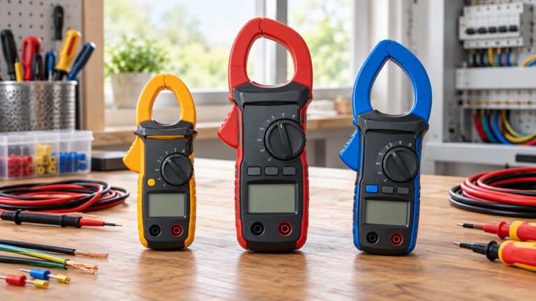 Generic 600-amp AC clamp meters arranged for comparison on an electrician's workbench.