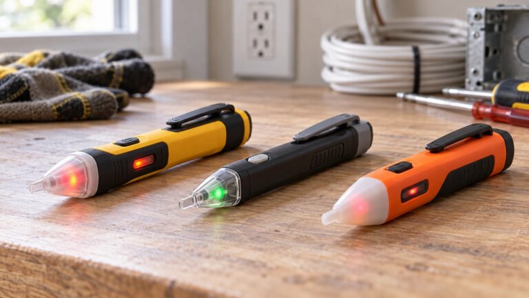 Generic pen-style non-contact voltage testers compared on an electrician workbench.