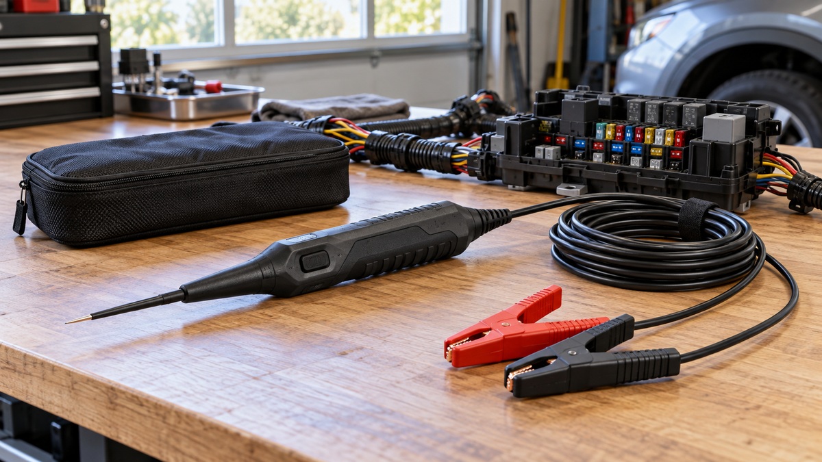 Generic automotive short detector, leads, and fuse box arranged on a garage workbench.
