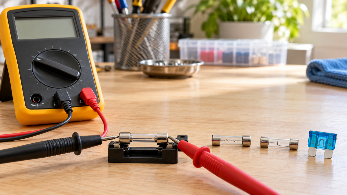 Generic multimeter probes checking cartridge and blade fuses on a bright workbench.