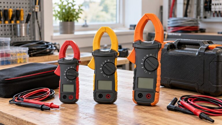 Three generic commercial AC clamp meters with test leads on a professional electrical workbench.