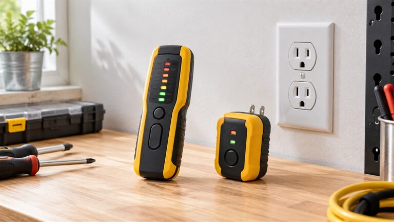 A handheld breaker finder kit with its transmitter and receiver laid beside a wall outlet, shown on a clean bench.