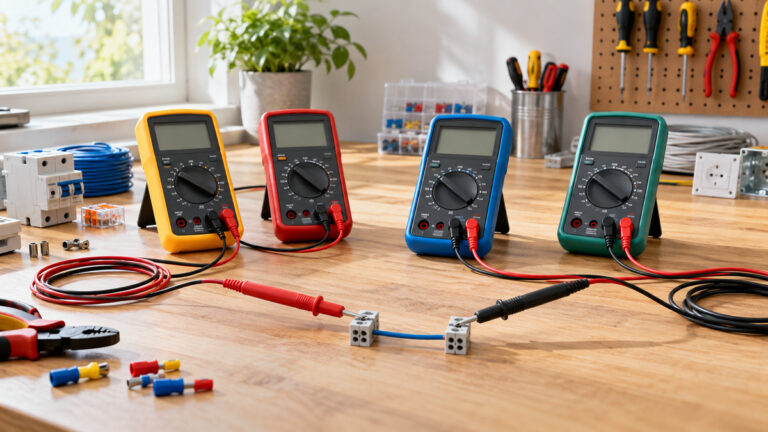 Generic digital multimeters comparing continuity-testing setups on a bright electrician workbench.
