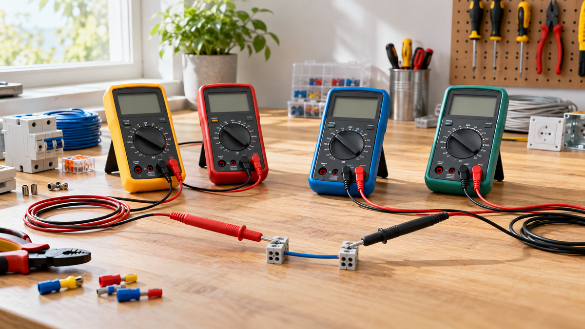 Generic digital multimeters comparing continuity-testing setups on a bright electrician workbench.
