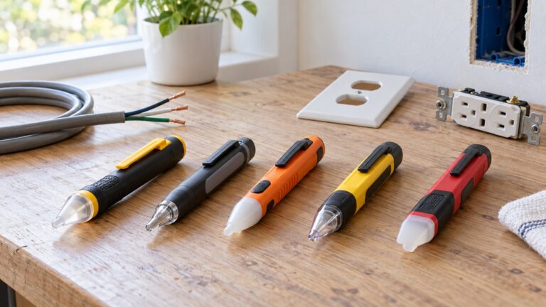 Five generic non-contact voltage tester pens arranged on a bright electrical workbench.