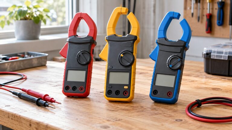 Three generic DC clamp meters compared on a bright electrical workbench.