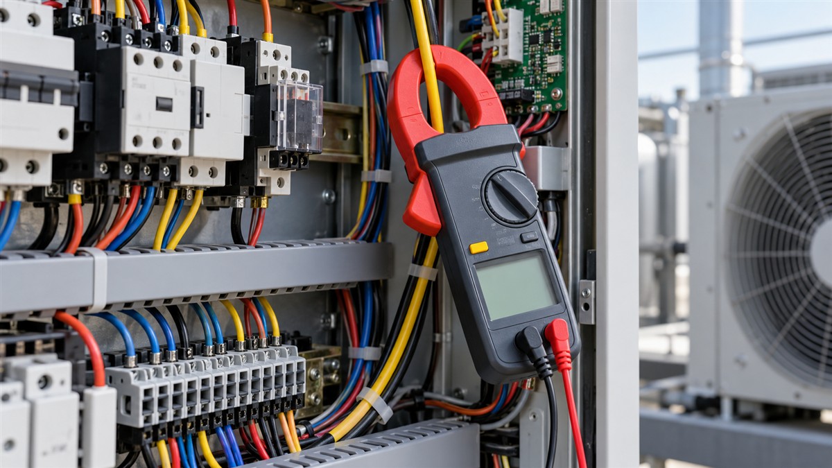 A digital clamp meter with its jaws open around a single conductor on an HVAC control panel, with the display visible.