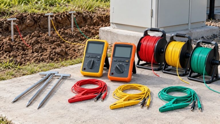 Generic earth resistance tester meters with leads, ground stakes, and cable reels arranged outdoors.