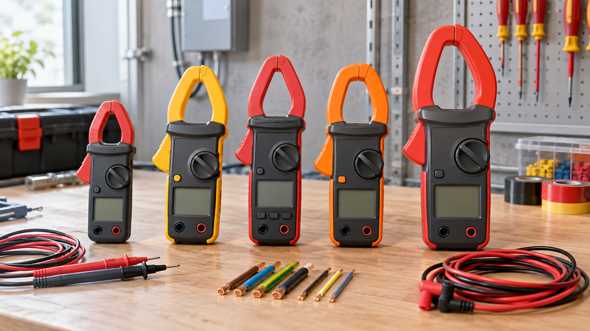 Several generic electrician clamp meters compared with test leads and wire samples.