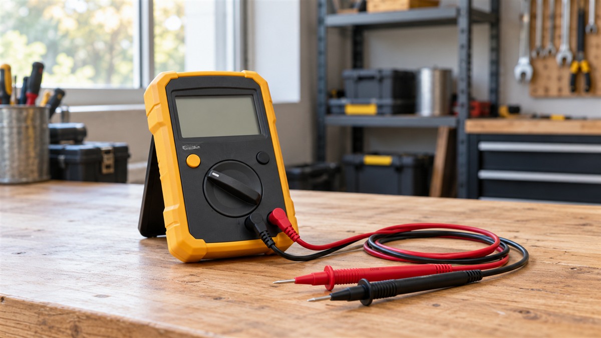 A battery-powered insulation tester with its display and test leads laid out on a plain workbench.