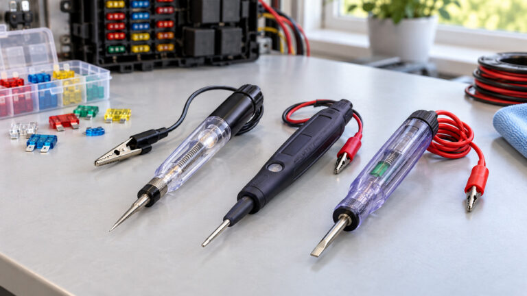 Generic fuse tester pens arranged with fuses and test accessories on a clean workbench.