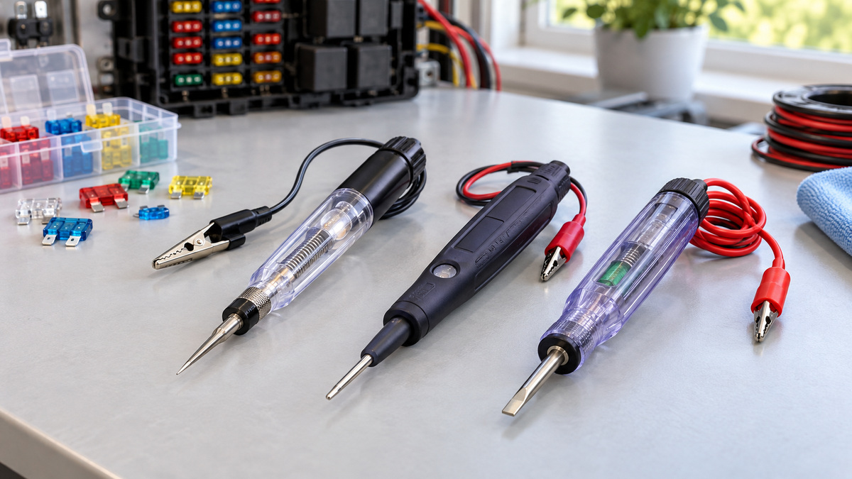 Generic fuse tester pens arranged with fuses and test accessories on a clean workbench.