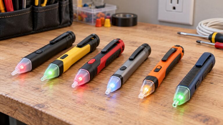 Generic non-contact voltage detectors arranged side by side on a tidy workbench.