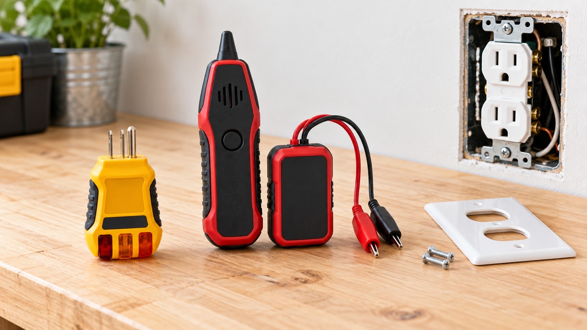 A plug-in GFCI outlet tester and a breaker finder kit placed side by side on a plain workbench, with the outlet cover off.