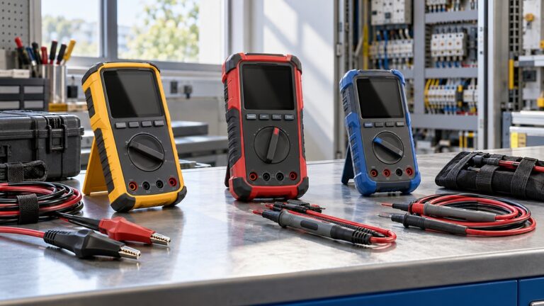 Three generic rugged true-RMS multimeters and test leads on an industrial maintenance bench.