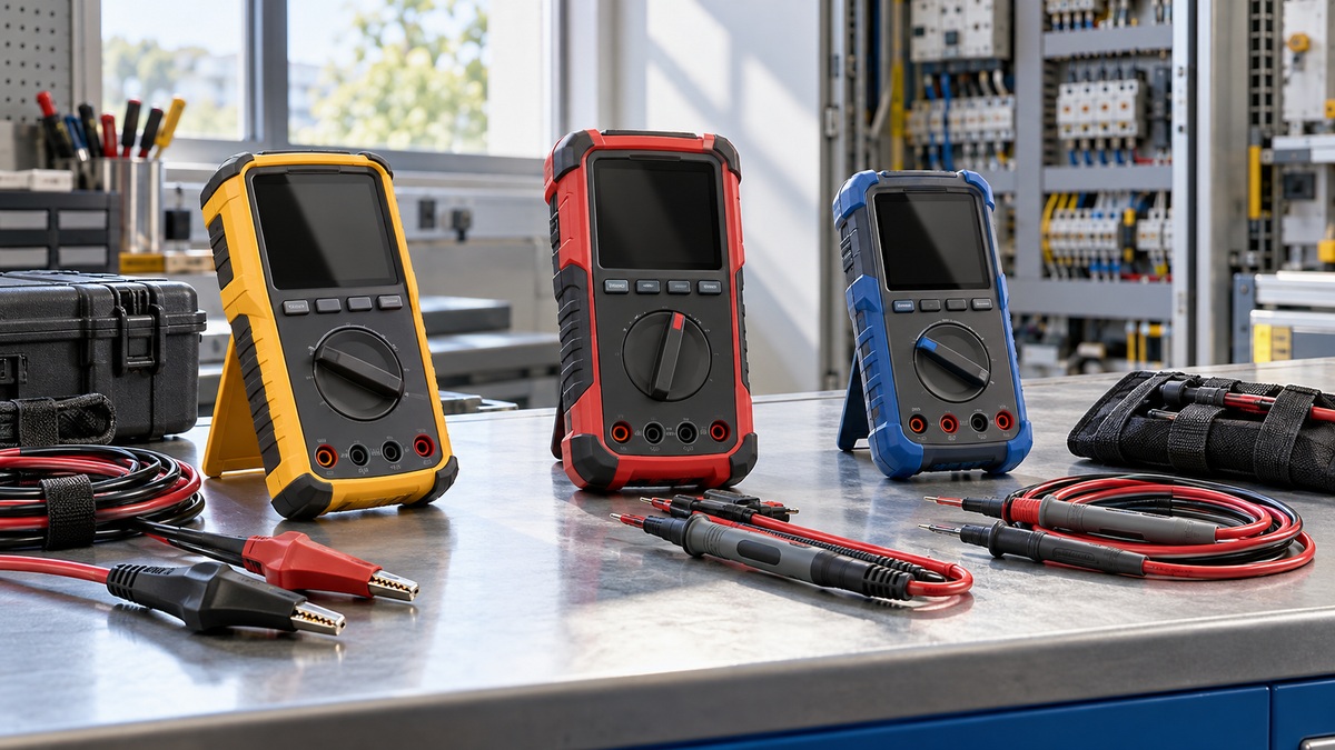 Three generic rugged true-RMS multimeters and test leads on an industrial maintenance bench.