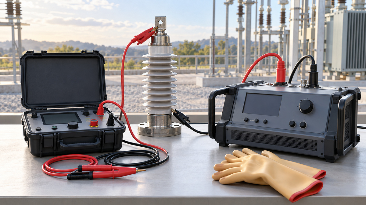 Two generic insulation power factor tester setups beside a transformer bushing.