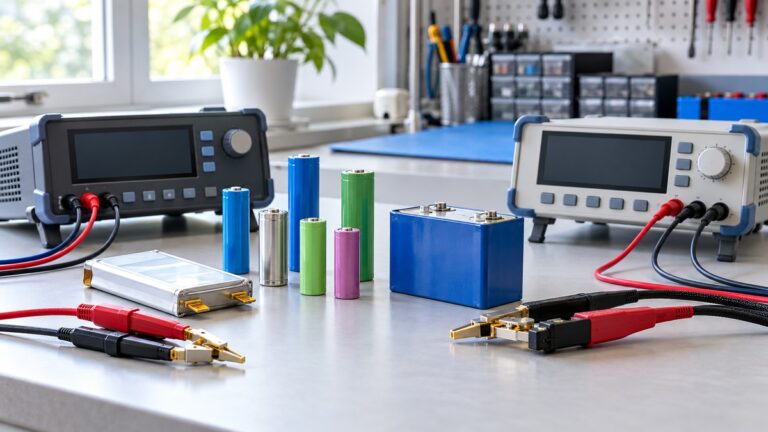 Generic battery internal resistance testers with Kelvin probes and assorted batteries on an electronics bench.