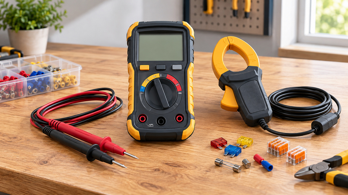 A generic rugged digital multimeter with probes and clamp accessory on a clean workbench.