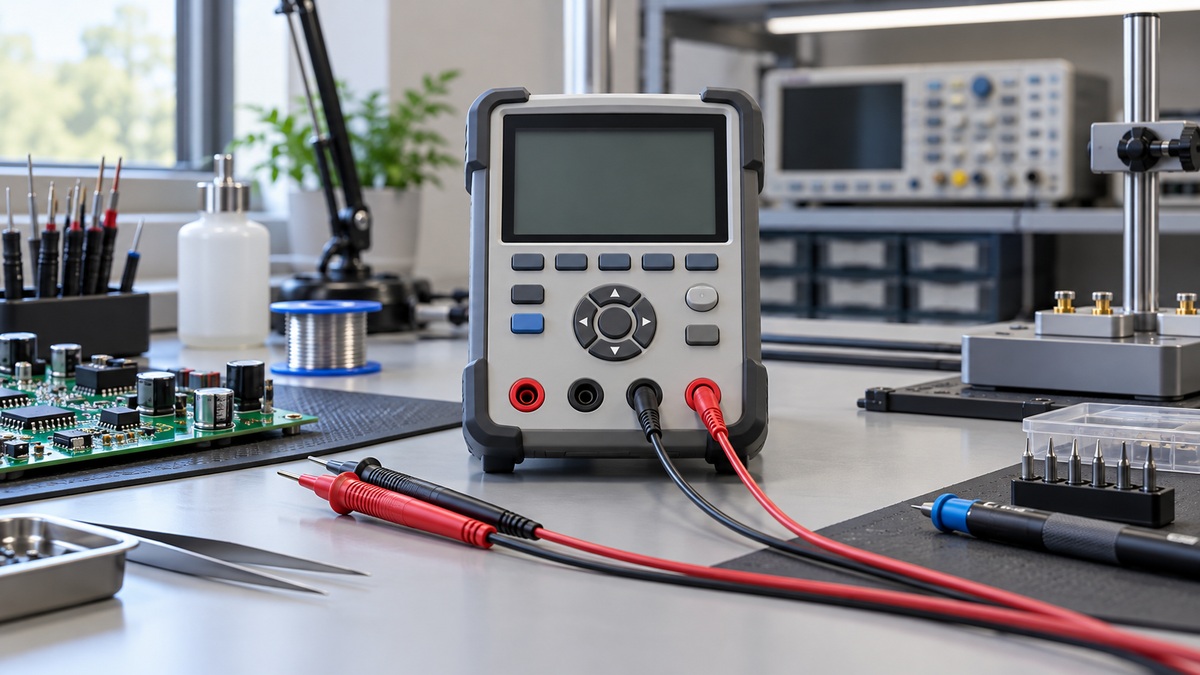 A generic precision benchtop digital multimeter with test leads on an electronics lab bench.