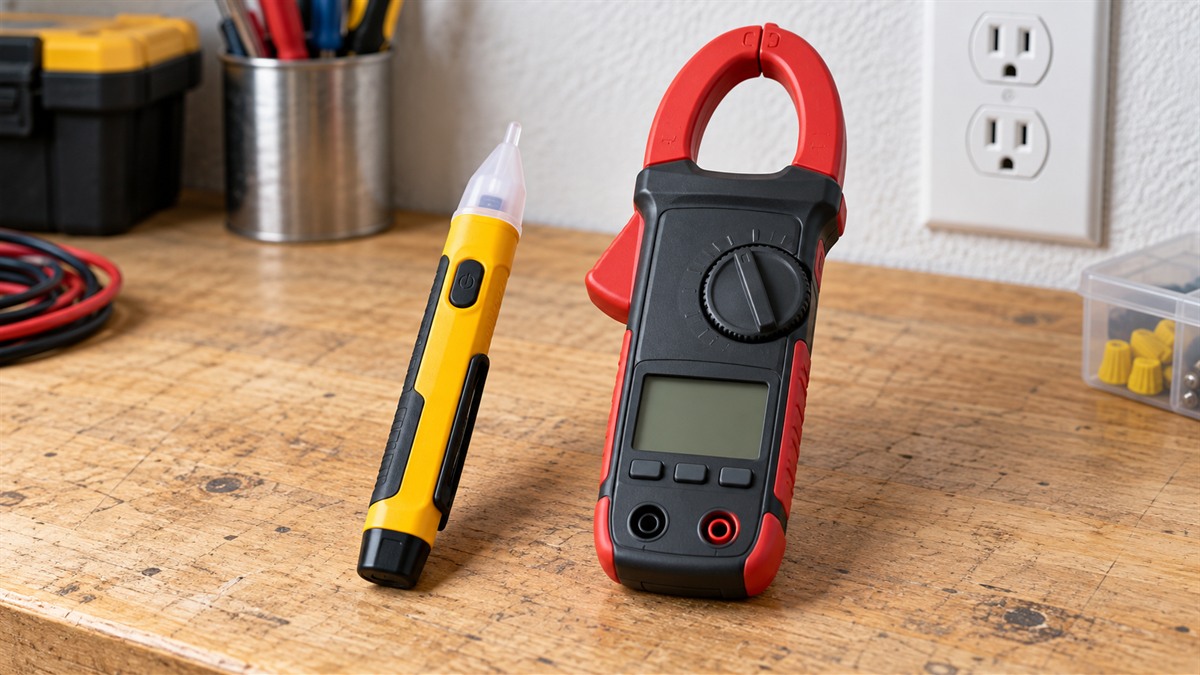 A slim non-contact live wire tester and a clamp multimeter laid side by side on a plain bench, with a wall outlet in the background.