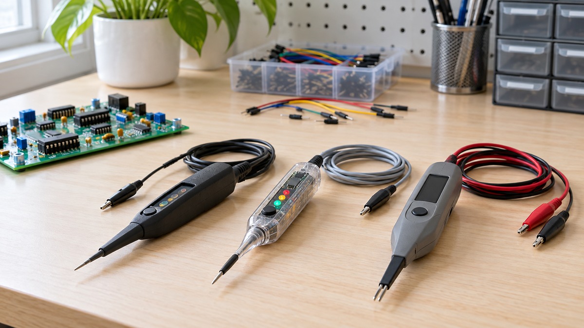 Three generic logic probe testers arranged beside an unpowered circuit board.