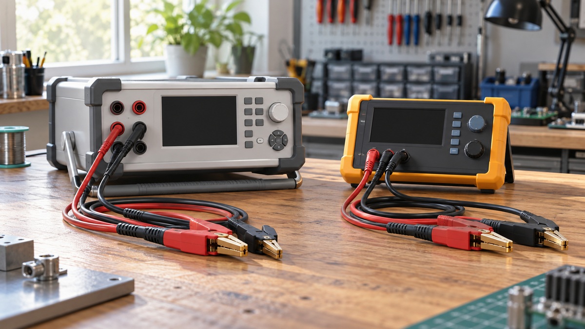 Two generic low-resistance testers with Kelvin clips and test leads on an electrical workbench.