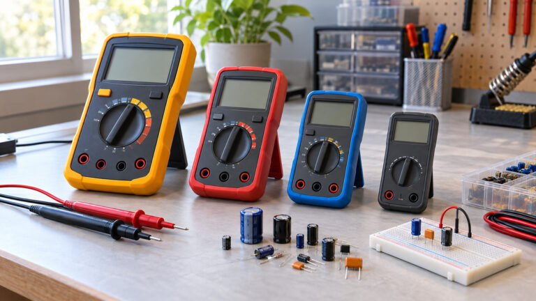 Generic digital multimeters compared beside capacitors probes and a breadboard.