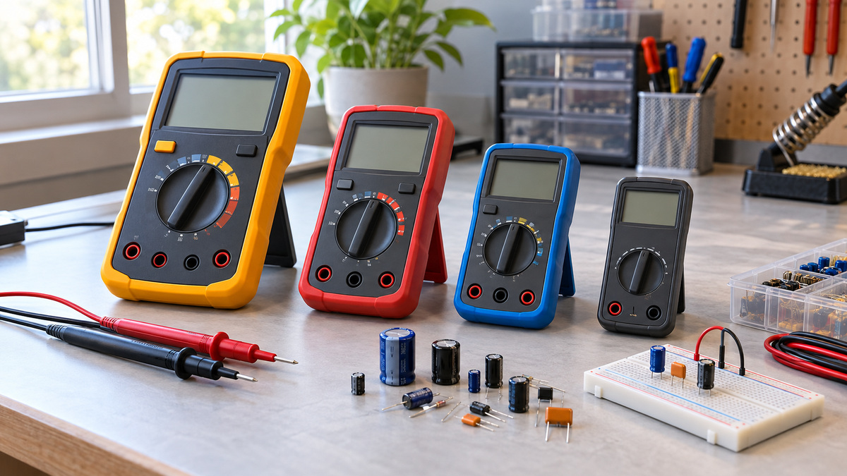 Generic digital multimeters compared beside capacitors probes and a breadboard.