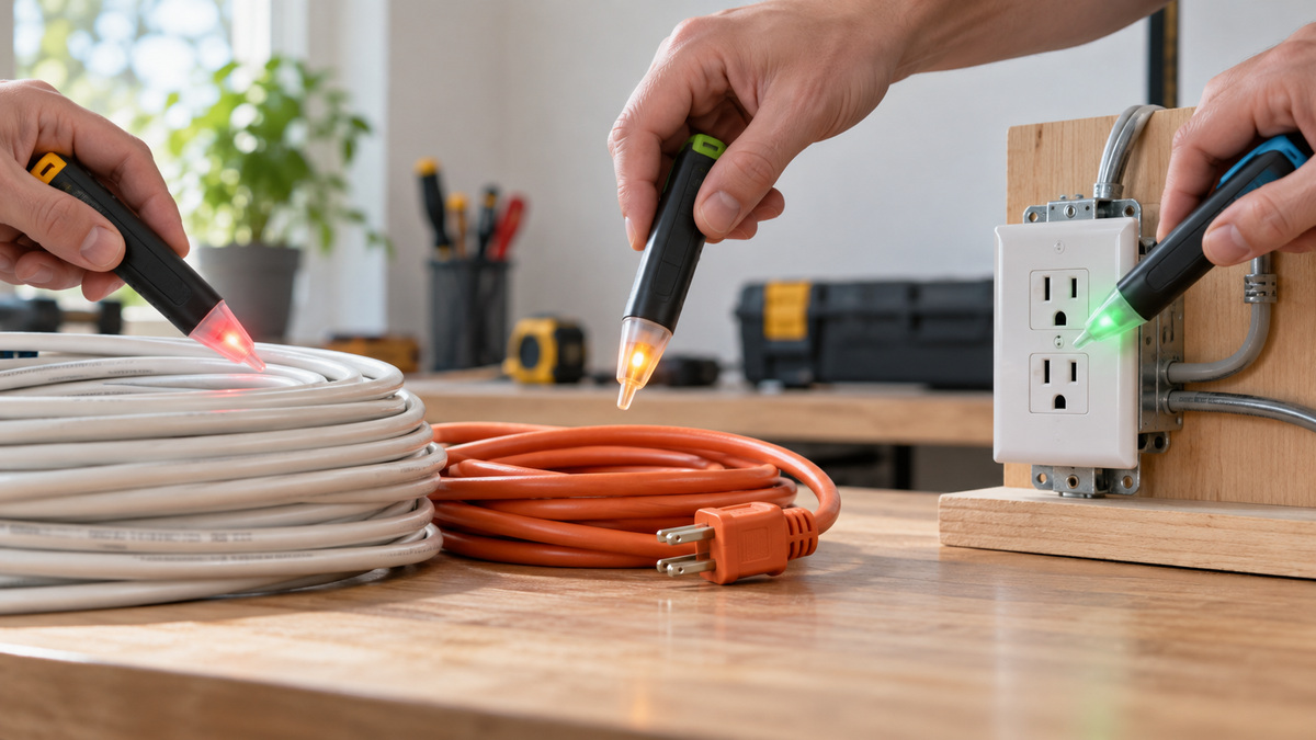 Generic non-contact voltage testers demonstrating sensitivity differences near insulated wires.