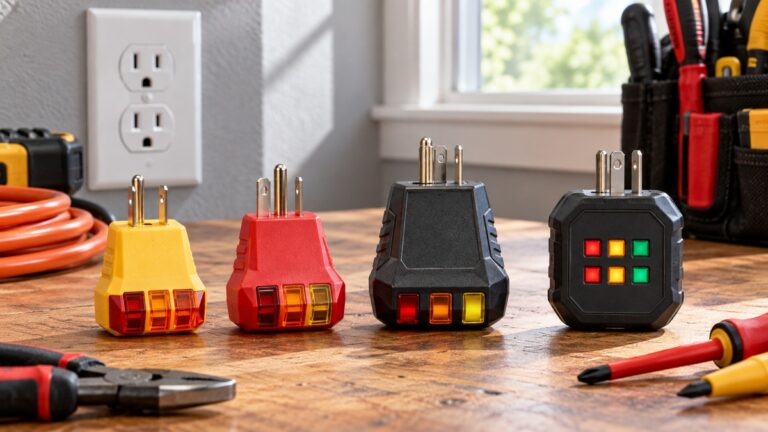 Generic plug-in outlet and current testers compared beside a wall receptacle.