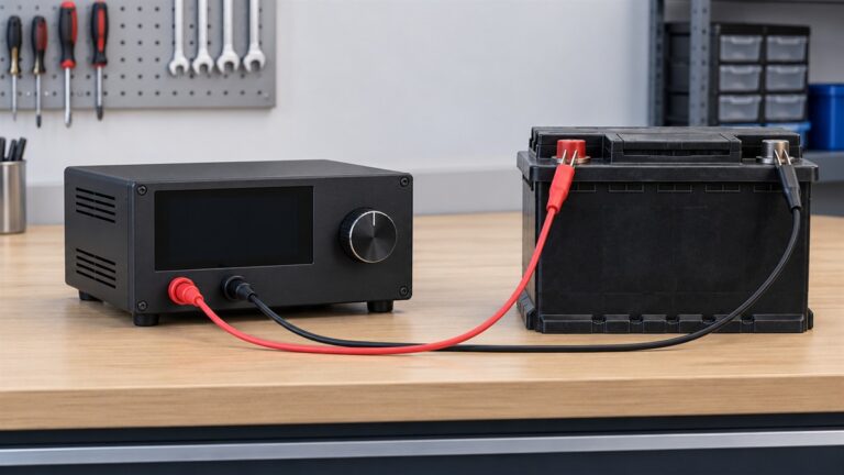 A small black DC electronic load on a workbench beside a car battery, with a probe lead and a labeled power dial visible in the frame.