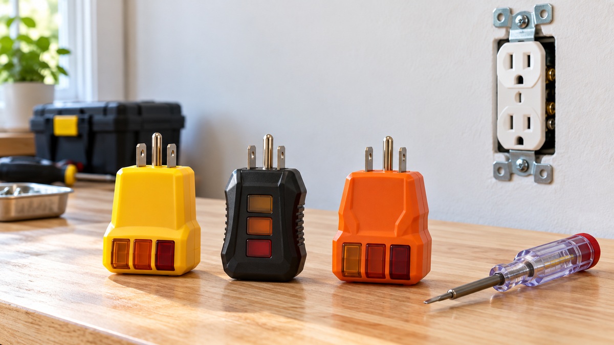 Three generic outlet polarity testers arranged beside a wall receptacle on a workbench.