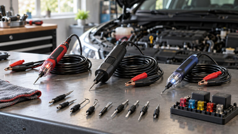 Three generic powered automotive circuit probes with leads and test accessories.