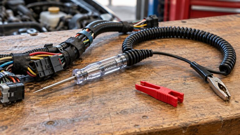 A long coiled spring-wire test light lying across a car wiring harness on a clean workbench, with a fuse puller resting beside it.