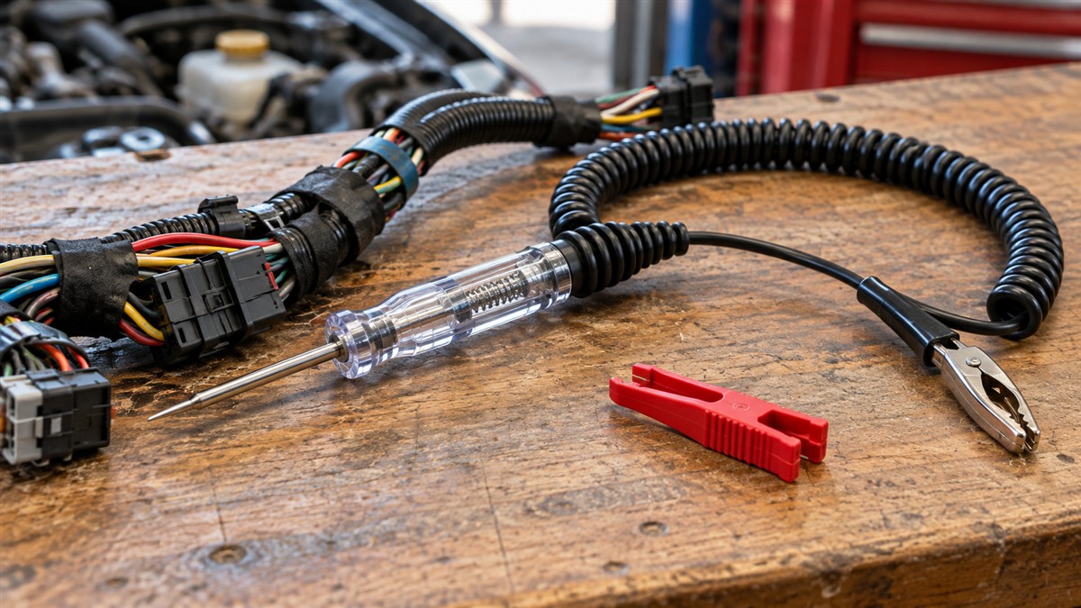 A long coiled spring-wire test light lying across a car wiring harness on a clean workbench, with a fuse puller resting beside it.