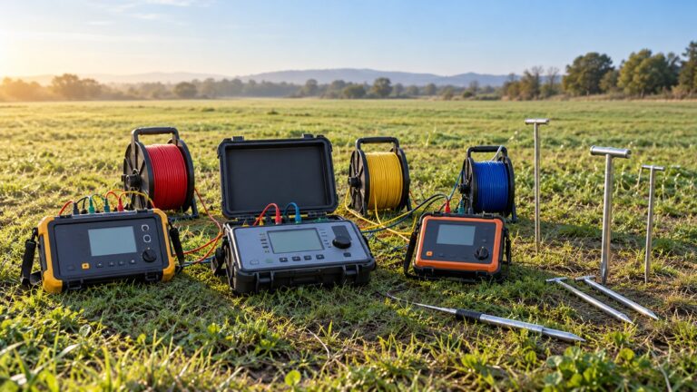 Generic soil resistance testers with cable reels and ground stakes in a grassy field.