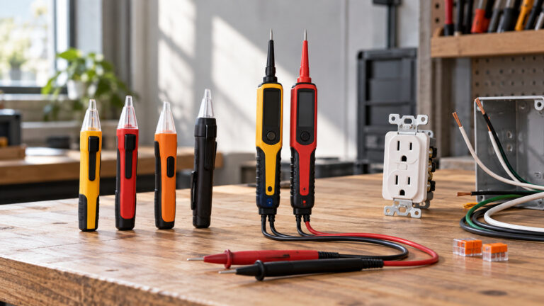 Generic solenoid tester pens and two-pole electrical testers arranged on a workshop bench.