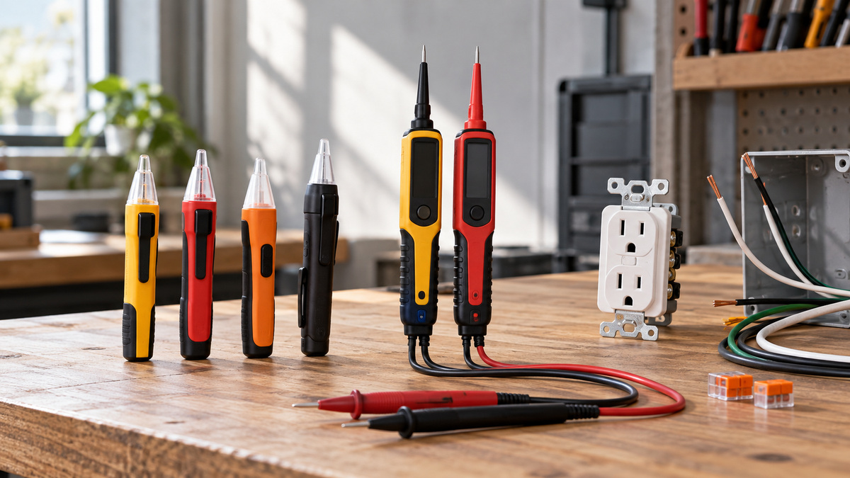 Generic solenoid tester pens and two-pole electrical testers arranged on a workshop bench.