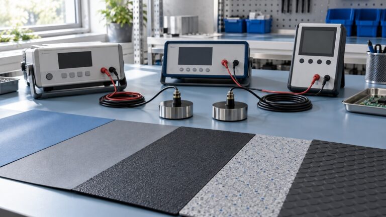 Generic surface resistance meters, probes, and material samples on an ESD-safe bench.