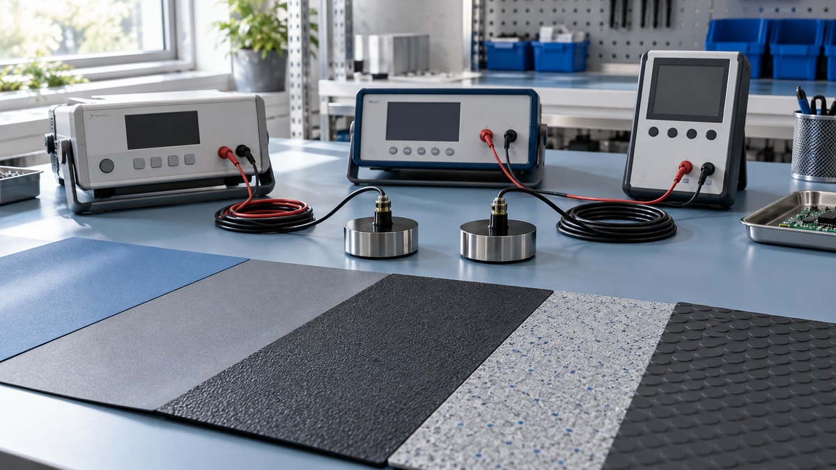 Generic surface resistance meters, probes, and material samples on an ESD-safe bench.