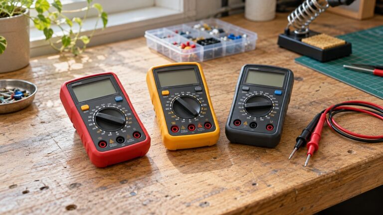 Three small digital multimeters lying on a workbench beside a test lead, photographed in soft daylight.