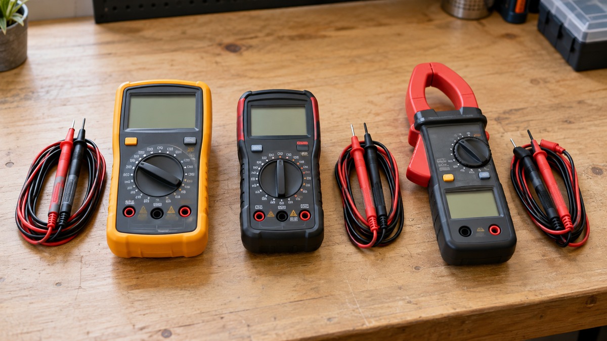Two handheld digital meters and a clamp meter lying side by side on a plain workbench, with leads coiled beside them.