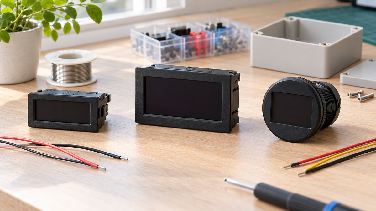 Generic voltmeter display modules in different mounting styles on an electronics bench.