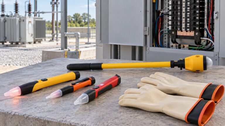 Generic high-voltage detector wands and a hot-stick detector arranged with insulated safety gloves.