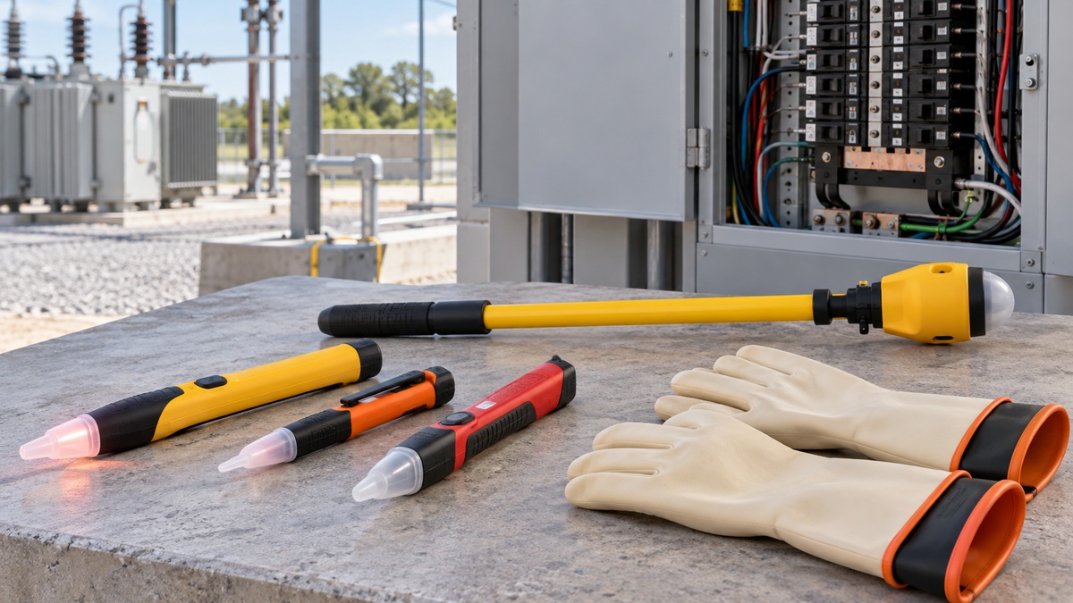 Generic high-voltage detector wands and a hot-stick detector arranged with insulated safety gloves.