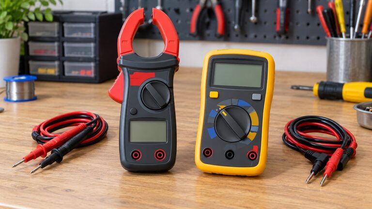 Two handheld meters sit side by side on a workbench, one with its jaws open and one showing its display, with a set of test leads coiled beside them.