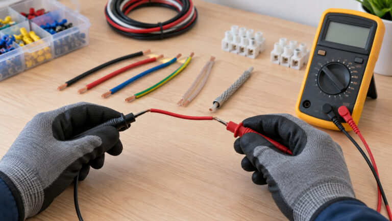 Gloved hands using a generic multimeter to test continuity in disconnected wires.