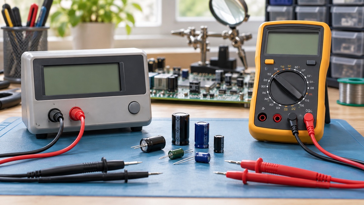 A generic ESR meter and digital multimeter compared on an electronics repair bench.