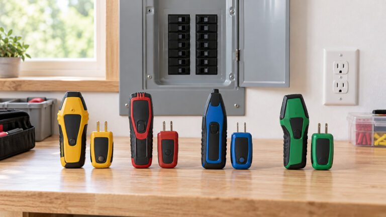 Generic circuit breaker finder tool pairs compared beside an outlet and breaker panel setup.